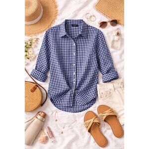 NWOT UNTUCKit Women's Belleza Button Up Long Sleeve Blue Gingham Shirt Size 12